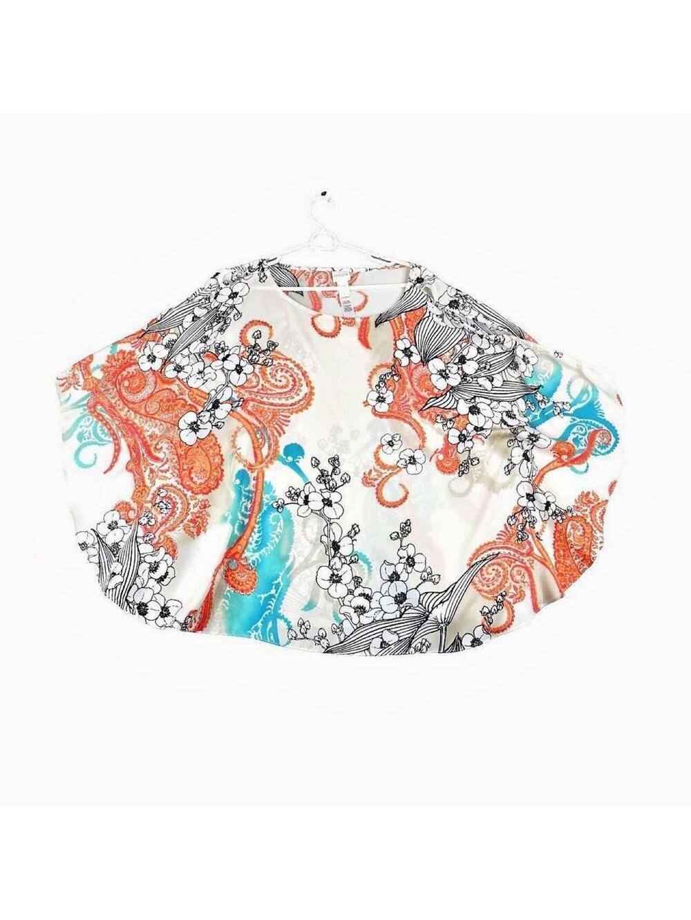 Chico's Colorful Floral Cold Shoulder Batwing Caftan Top L XL Boho Resort